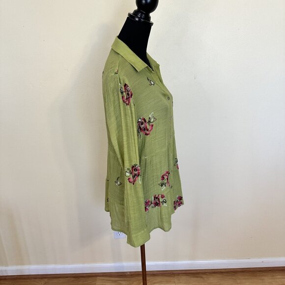 Womens Fig & Flower Lime Green Blouse Large Sheer Button Up Embroidered Boho - Picture 10 of 10
